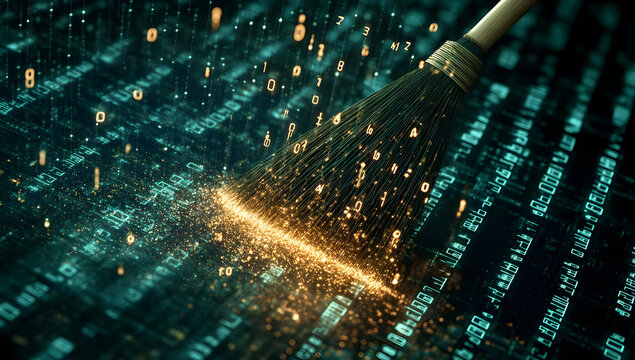 A digital broom sweeping away data particles, symbolizing data cleaning and management in a tech-inspired environment.