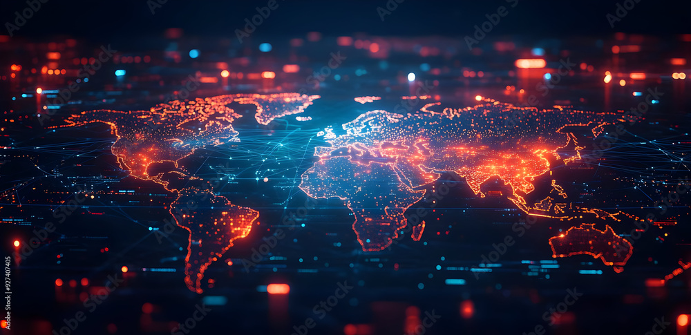 Poster a futuristic representation of the world map illuminated by vibrant neon lights, showcasing the inte
