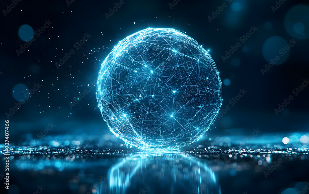 Poster a glowing digital sphere representing connectivity and technology, set against a dark, high-tech bac