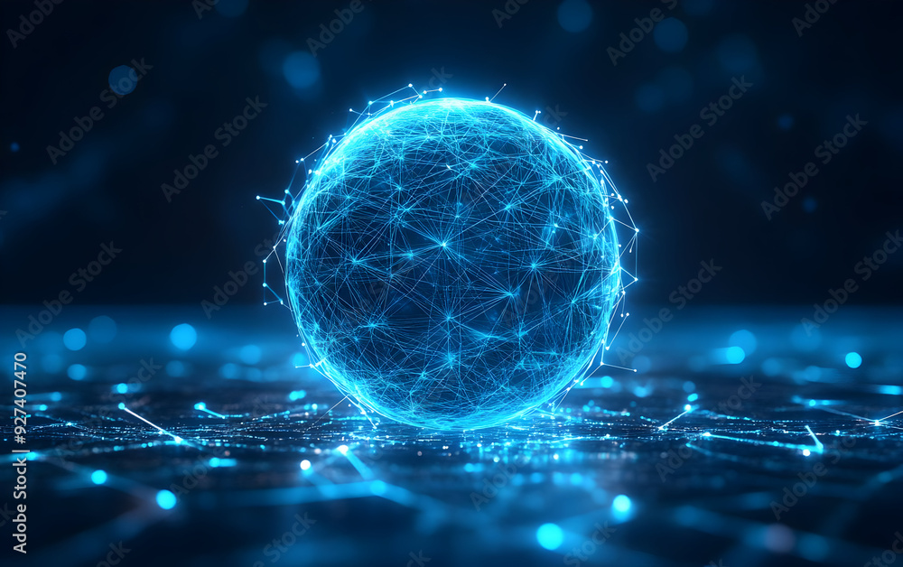 Poster a glowing blue sphere interconnected with digital lines, representing network and technology in a fu