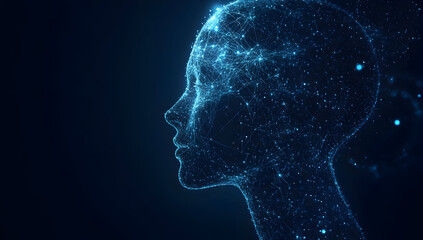 Obraz premium A futuristic silhouette of a head composed of glowing particles, representing digital identity and artificial intelligence.