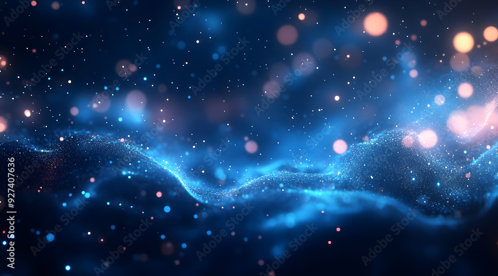 Poster a mesmerizing blue abstract background with glowing particles and soft bokeh effects, perfect for cr