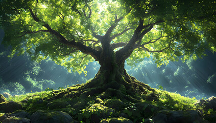 Fototapeta premium A majestic tree with lush green leaves standing in a sunlit forest, surrounded by vibrant light and natural beauty.