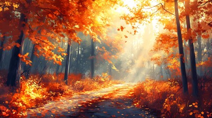 A painting of a forest with trees and leaves on the ground. The mood of the painting is peaceful and serene