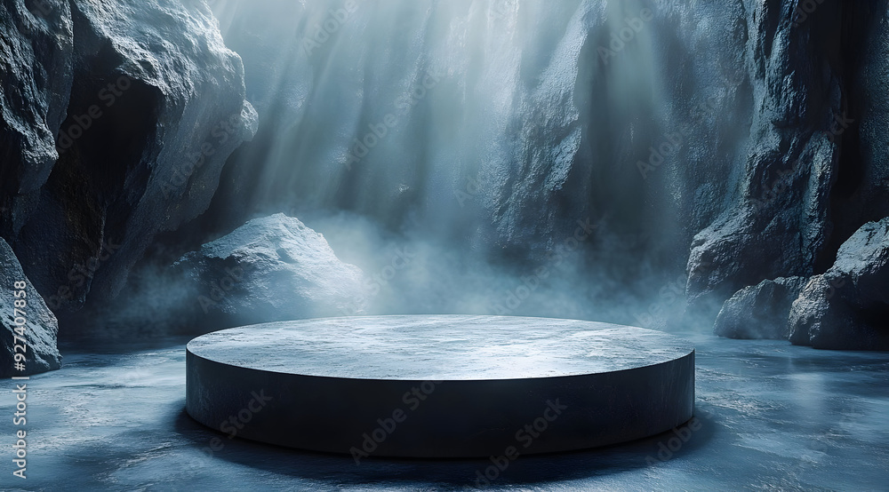 Aufkleber a mystical stage in a tranquil cave, illuminated by beams of light, creating an ethereal atmosphere 