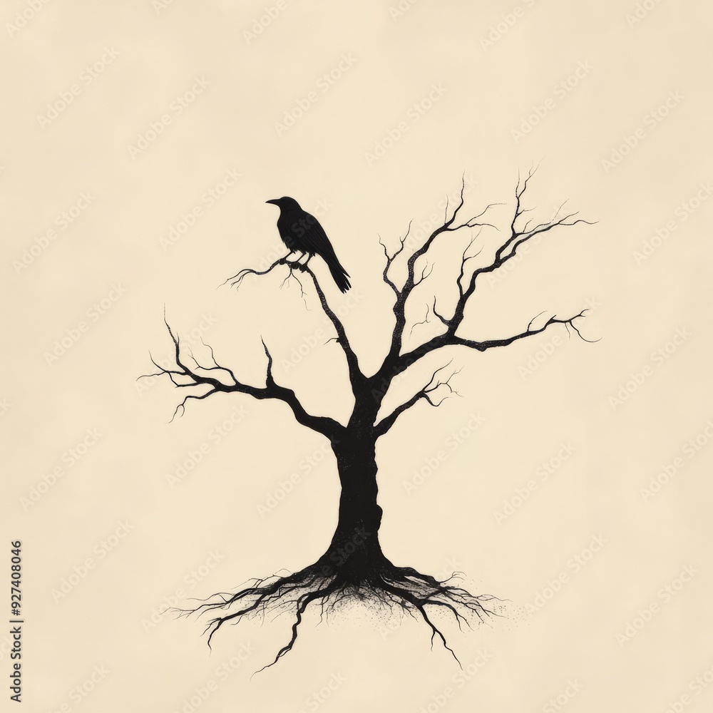 Canvas Prints A lone crow perched on a bare tree branch, its silhouette against a beige background.