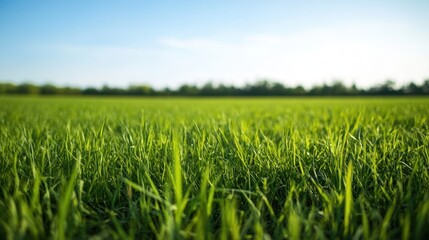 Obraz premium A close-up view of vibrant green grass under a clear blue sky.