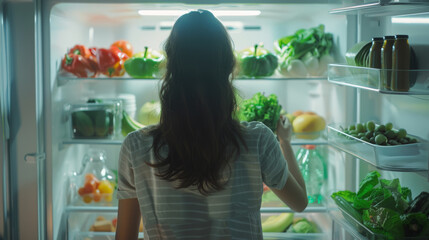 Young Woman Organizing Fresh Green Vegetables and Fruits in a Fully Stocked Home Refrigerator. Generative ai