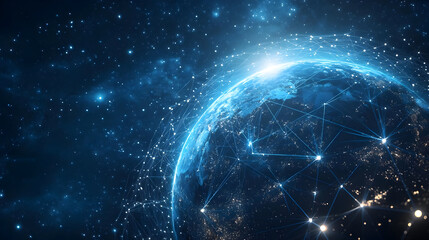 A stunning depiction of Earth in a cosmic setting, showcasing vibrant colors and interconnected celestial networks.