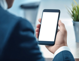 Man Holding Smartphone With Digital Wallet Interface in Modern Office Setting