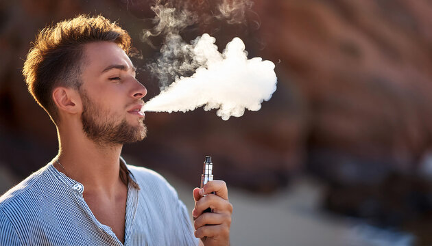 A young man vaping relaxed and releases smoke coming out