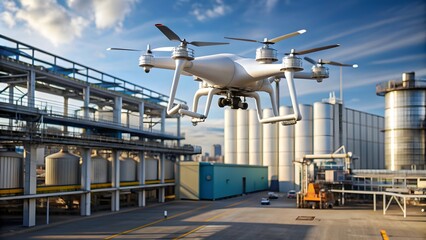 Surveillance drone monitoring an industrial facility, drone, monitoring, surveillance, industrial, facility, technology