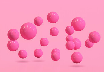 Geometric 3d rendering red spheres realistic pink backdrop Suspended balls, abstract elegant background balls or particles 3D image rendering