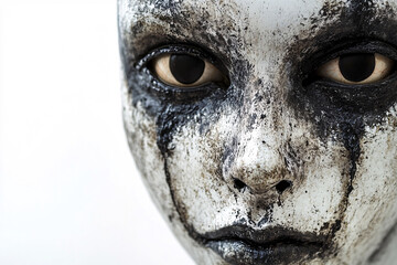A creepy close-up of a doll-like figure with dark eyes and a cracked face creating an eerie and unsettling mood