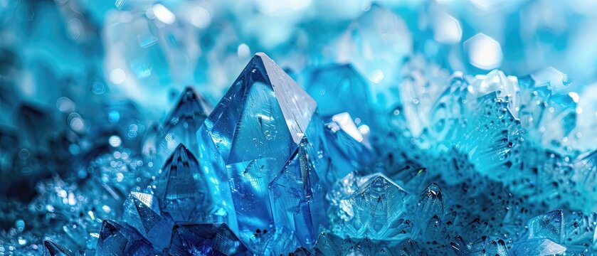 Closeup of blue glass-like crystals, macro detail, sparkling effect.