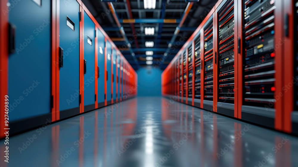 Poster a perspective view down a sleek data center hallway with blue and red server racks on both sides.