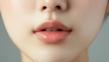 Ethereal Beauty: A Close-up of an Asian Woman's Alluring Lips and Flawless Skin on a Gray Canvas