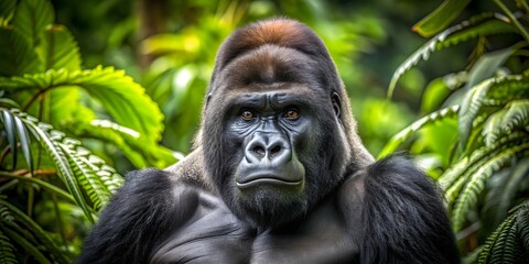 Obraz premium Majestic silverback gorilla in lush jungle setting, showcasing strength and resilience through telephoto lens