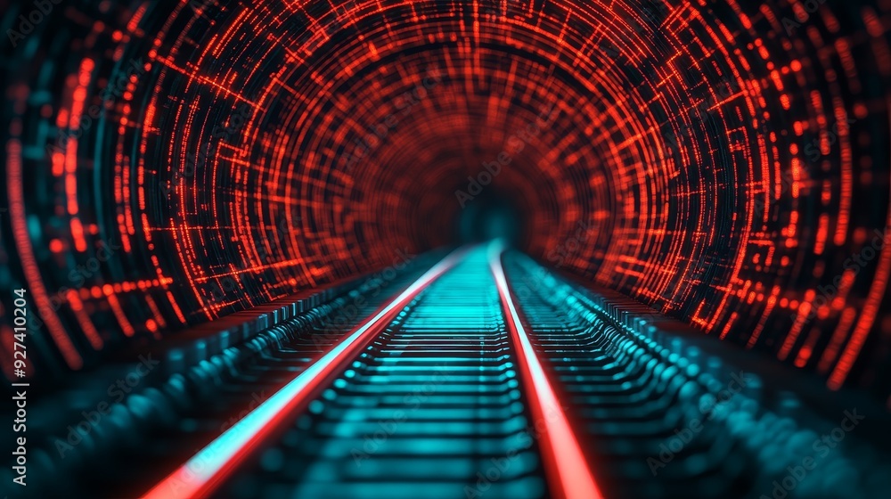 Poster a captivating view of a digital tunnel with vibrant red and blue lights, illustrating motion and tec