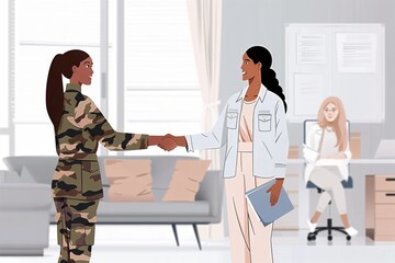 National Hire a Veteran Day July 25, female military soldier shakes hands with employer in office
