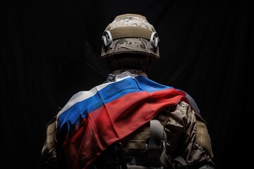 Obraz premium a military man in a helmet and full gear, with a Russian flag