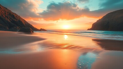 Fototapeta premium absolutely beautiful landscape images of holywell bay beach in cornwall uk during golden hojur sunset in spring
