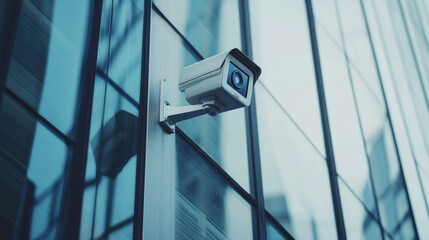 A sleek CCTV camera mounted on the exterior wall of a modern corporate building, monitoring the surroundings