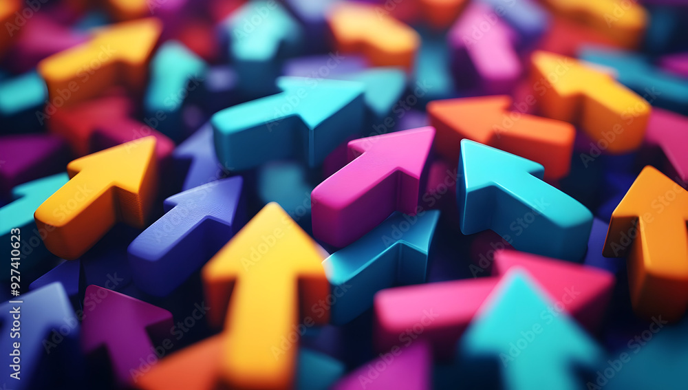 Poster a vibrant array of colorful arrows pointing upward, symbolizing progress, direction, and growth in a