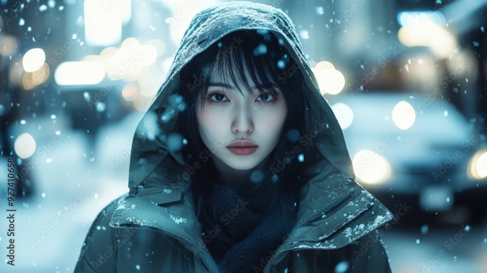 Wall mural woman in hooded winter coat standing in snowy urban setting at night