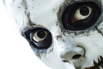 Naklejka premium creepy doll's face with dark hollow eyes and a cracked white surface creating a haunting and eerie mood