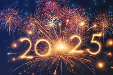 Sparkler 2025 text colorful firework illumination on dark blue sky background, happy new year 2025...