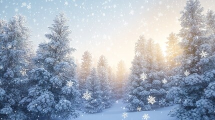 Snowfall blankets evergreen trees in a serene winter landscape at sunrise