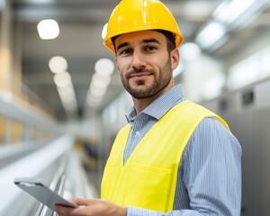 A confident worker in a yellow helmet and vest, using a tablet in an industrial setting, showcasing professionalism and safety.