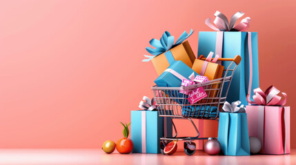 A miniature shopping cart filled with colorful gift boxes, set against a pastel pink background, symbolizing festive shopping.