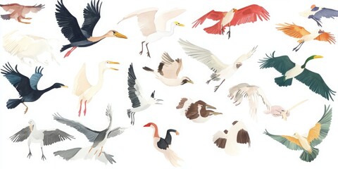 Obraz premium Ethereal Watercolor Birds in Flight, Illustrative Art with a Minimalist Aesthetic, Inspired by Pierre-Joseph Redouté's Style