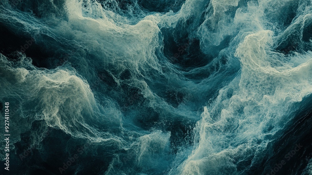 Poster rapid ocean waves creating a swirling pattern under a moody sky during the early evening