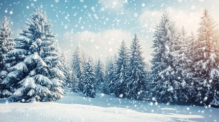 Snowfall blankets evergreen trees in a serene winter landscape at dawn