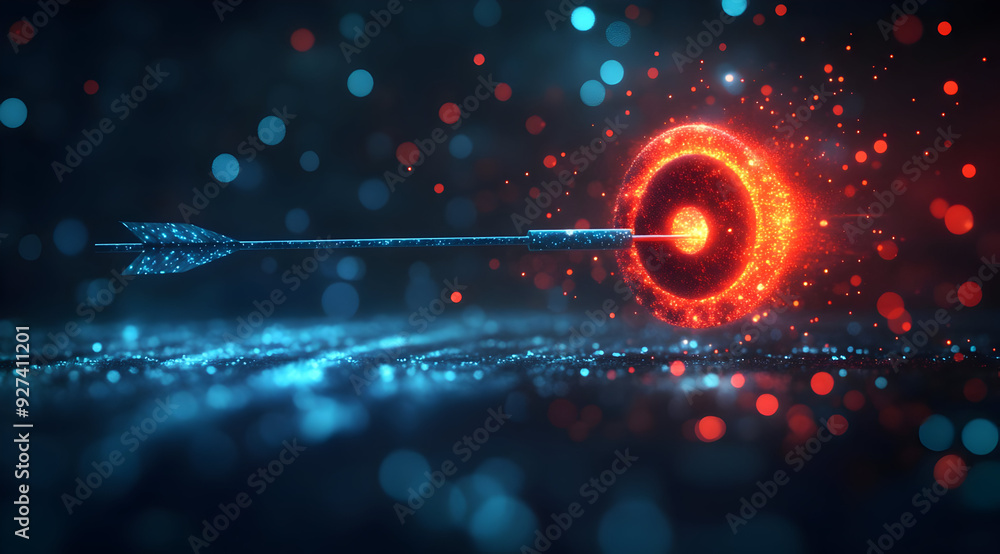 Poster a vibrant digital artwork of an arrow aiming at a glowing target, symbolizing focus and precision in