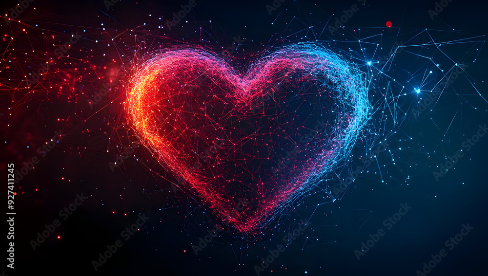 Poster a vibrant digital heart design with colorful particles, symbolizing love and connection in a modern 