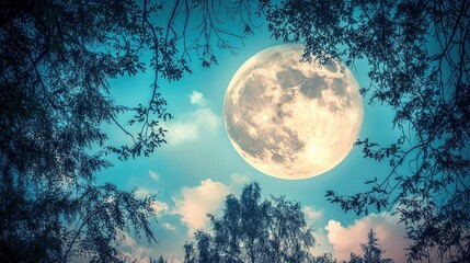 Naklejka premium Full moon glows bright in a clear night sky surrounded by tree branches and wispy clouds
