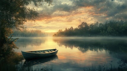 a painting of a boat on a lake