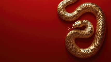 Obraz premium A striking gold snake coiled elegantly on a vibrant red background, symbolizing the Chinese New Year of the Snake 2025.
