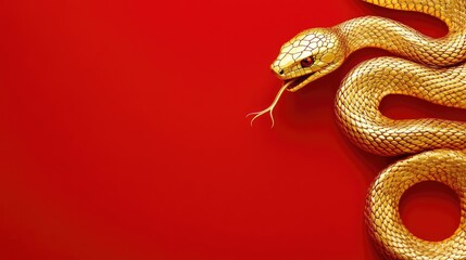Obraz premium A striking gold snake coiled elegantly on a vibrant red background, symbolizing the Chinese New Year of the Snake 2025.