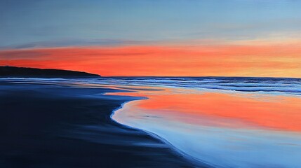 At twilight, the orange sky and red embrace the horizon. The blue sky shines on the couchant sole, creating a magnificent and sunny beach landscape. 