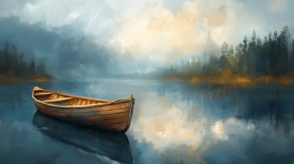 a painting of a boat on a lake 