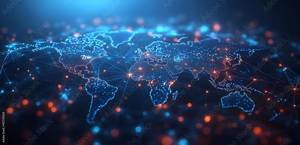 Poster a vibrant, digital world map with glowing connections, highlighting global interaction and technolog