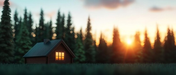 Fototapeta premium A cozy house illuminated by sunset amidst a tranquil forest, perfect for evoking warmth and serenity in nature.