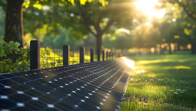 A vibrant solar panel installation in a lush green setting, illuminated by the warm glow of sunlight filtering through trees.