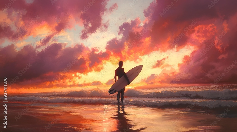 Canvas Prints A surfer stands on the edge of the water with an iron with a sky rose pastel on the coucher du soleil. 