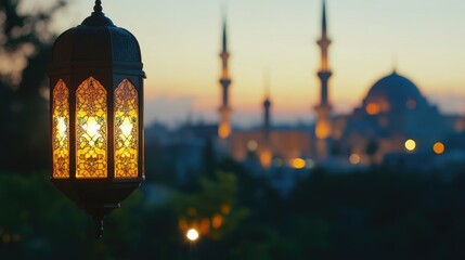 A traditional lantern illuminates the foreground, with a mosque softly blurred in the background, perfect for Ramadan.